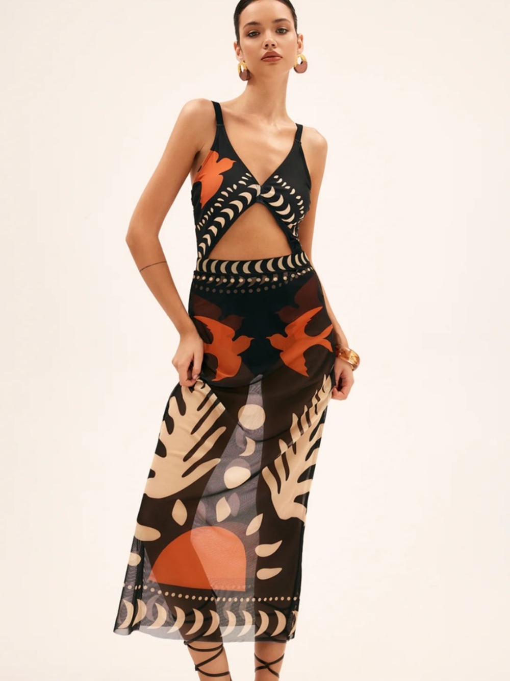 Commense Bird Print Mesh Swimsuit & Cover Up Maxi Skirt Set XS NWT